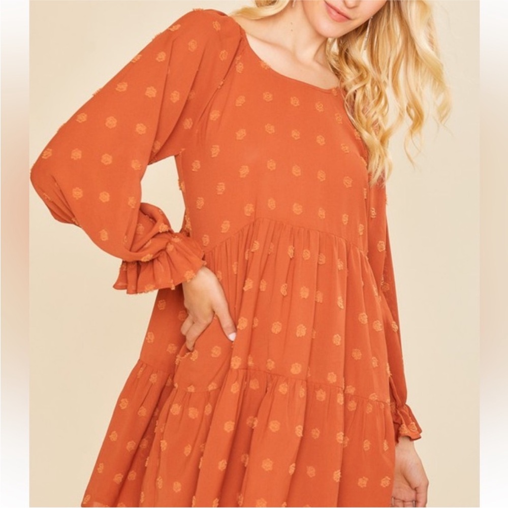 NWT - Rust Orange Long Sleeve Boho Swiss Dot Fall Dress - Picture 3 of 4